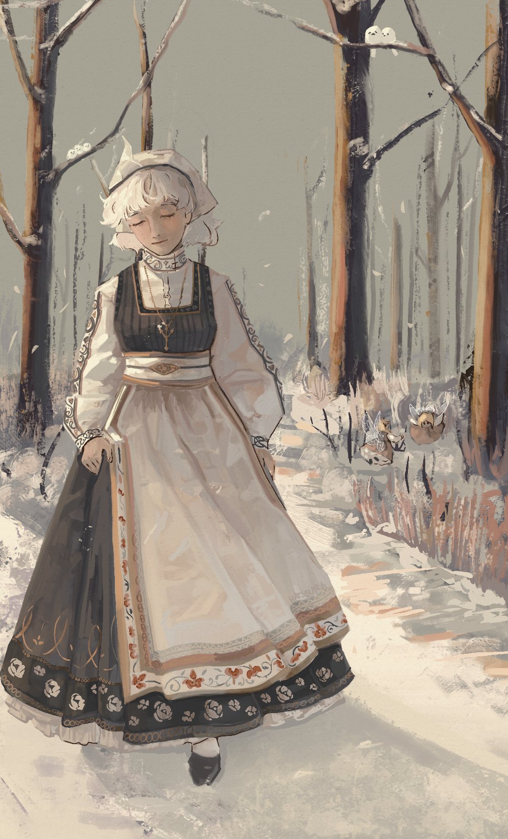 1girl, alternate_costume, apron, bare_tree, black_shoes, closed_eyes, closed_mouth, day, dress, eyelashes, floral_print, forest, full_body, green_dress, happy, hatsburg, headscarf, highres, jewelry, key, letty_whiterock, light_smile, long_sleeves, nature, necklace, nostrils, outdoors, pinafore_dress, pleated_dress, print_apron, print_dress, puffy_long_sleeves, puffy_sleeves, realistic, russian_clothes, shadow, shirt, shoes, short_hair, skirt_hold, sleeveless, sleeveless_dress, snow, socks, solo, touhou, tree, triangular_headpiece, turtleneck, turtleneck_shirt, waist_apron, walking, white_apron, white_hair, white_headscarf, white_shirt, white_socks, winter