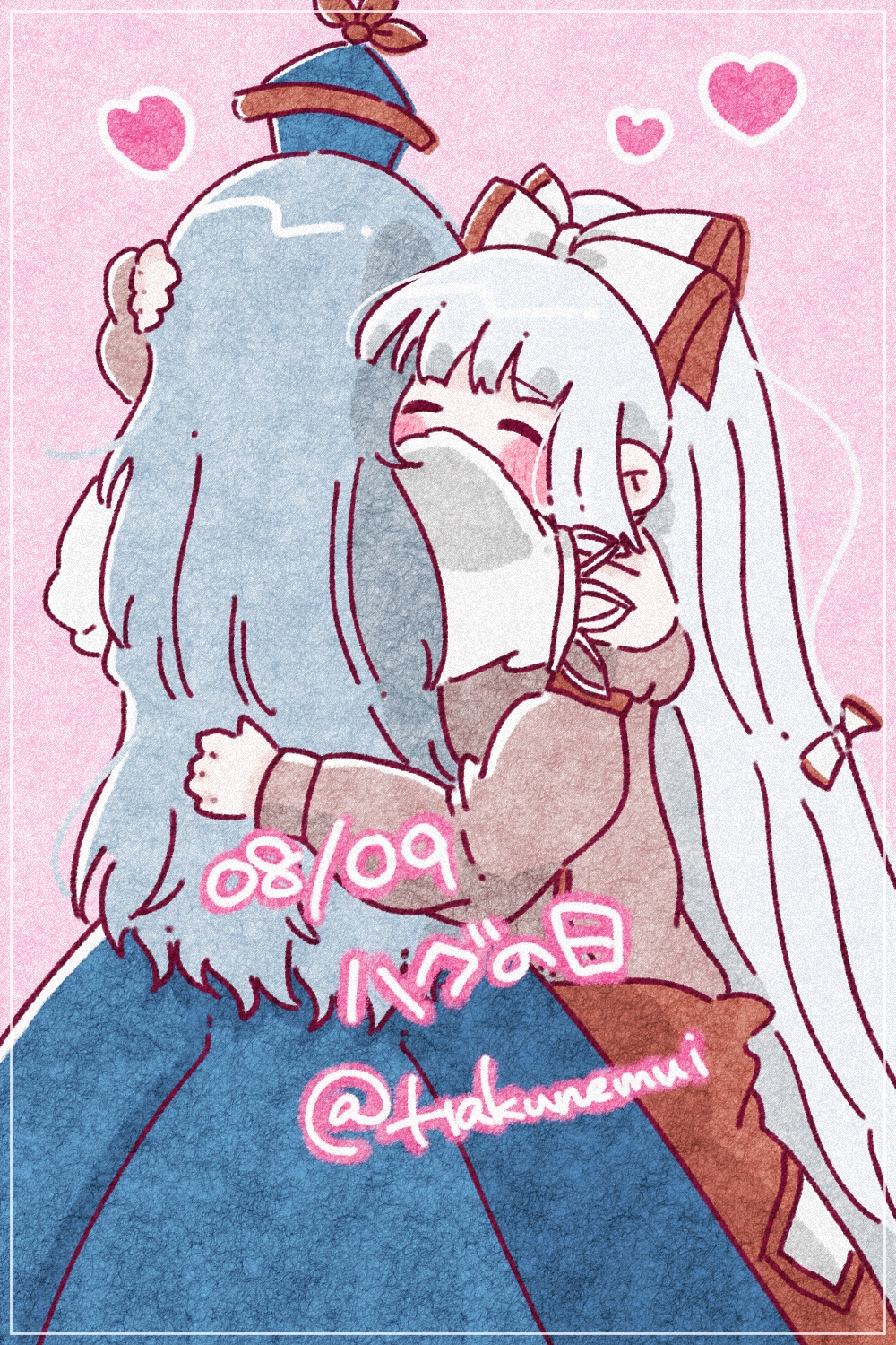 2girls, ^_^, blue_dress, blue_hair, blue_hat, blunt_bangs, blush, bow