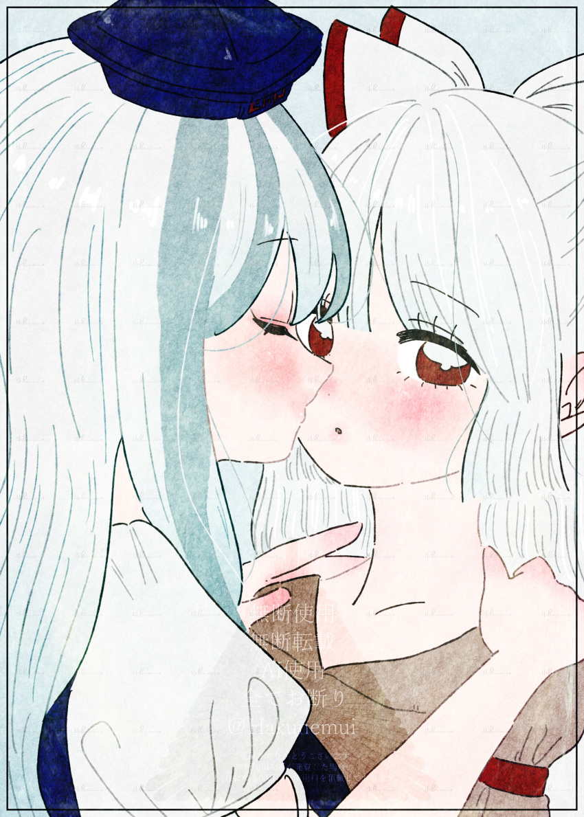 2girls, absurdres, blue_hair, blue_hat, blunt_bangs, blush, bow, closed_eyes