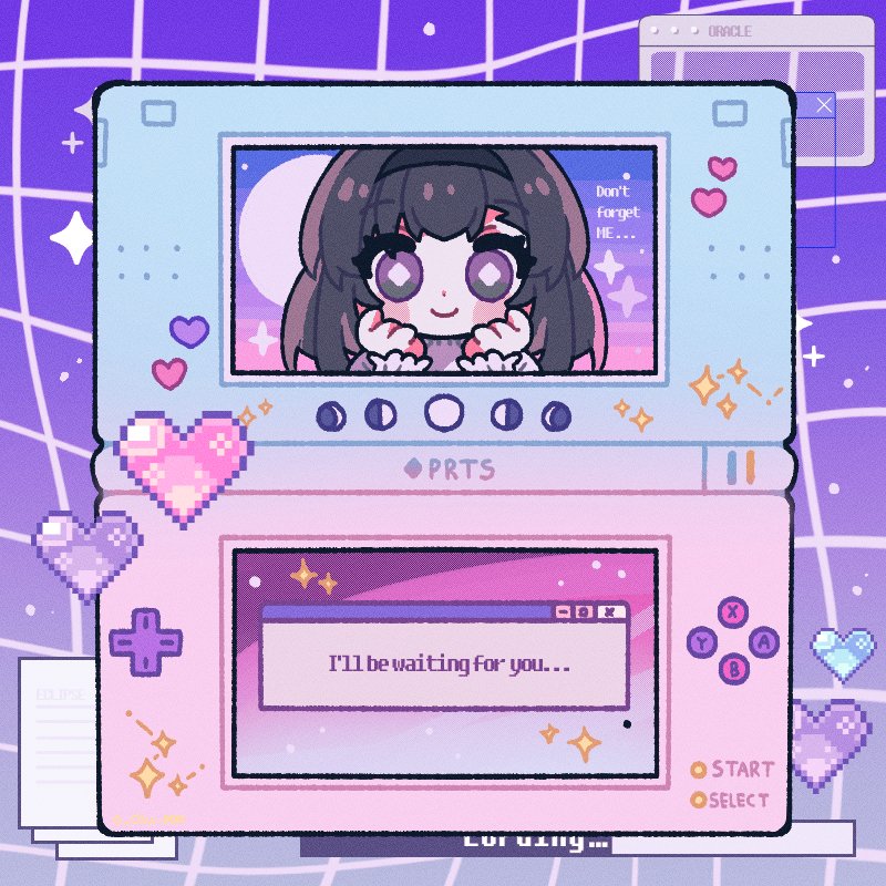 1girl, arknights, black_hairband, brown_hair, commentary, diamond-shaped_pupils, diamond_(shape), english_commentary, english_text, gradient_background, grid_background, hairband, handheld_game_console, hands_up, heart, loading_icon, looking_at_viewer, nintendo_ds, o_chu_pen, priestess_(arknights), purple_background, shirt, short_hair, smile, solo, sparkle, symbol-shaped_pupils, violet_eyes, white_shirt, window_(computing)