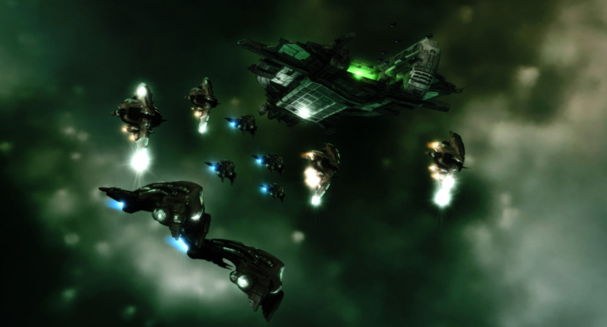 3d, amarr_empire_(eve_online), blurry, blurry_background, capital_ship_(eve_online), carrier, carrier_(eve_online), combat_ship_(eve_online), commentary, creodron_(eve_online), english_commentary, eve_online, federation_navy_(eve_online), fleet, flying, gallente_federation_(eve_online), glowing, green_theme, heavy_fighter_(eve_online), highres, military_vehicle, no_humans, outdoors, realistic, science_fiction, spacecraft, starfighter, support_ship_(eve_online), thanatos_(eve_online), vankaiser