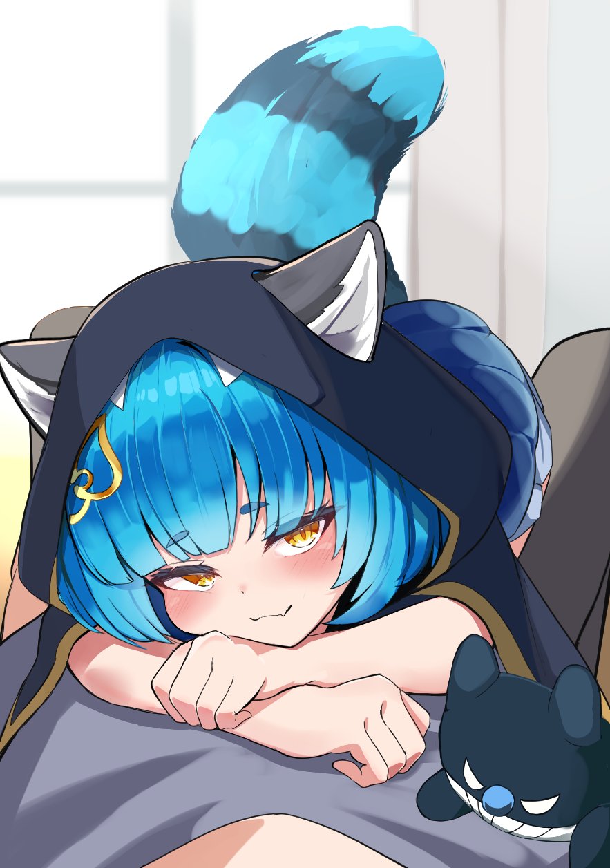 1girl, animal_ears, blue_hair, blush, chromashift, closed_mouth, commentary, english_commentary
