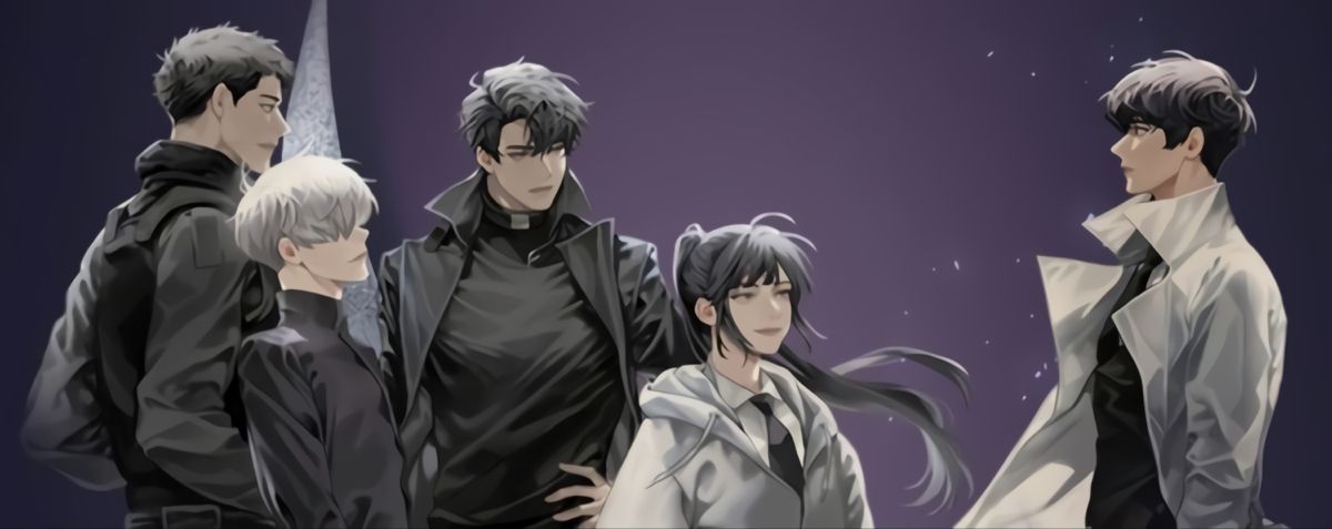 1girl, 4boys, black_coat, black_hair, black_jacket, black_necktie, black_shirt, blackbox_(blackbox9158)