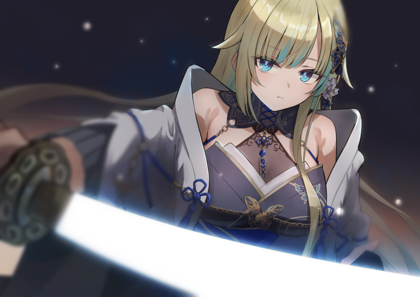 1girl, aizawa_ema, aizawa_ema_(5th_costume), animal_print, bare_shoulders, blonde_hair, blue_eyes, butterfly_print