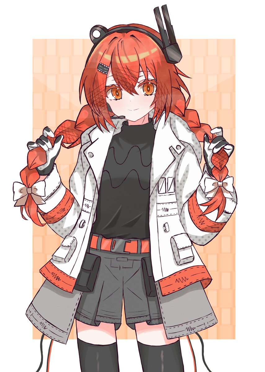 1girl, a.i._voice, adachi_rei, alternate_hair_length, alternate_hairstyle, black_shirt, black_thighhighs, braid