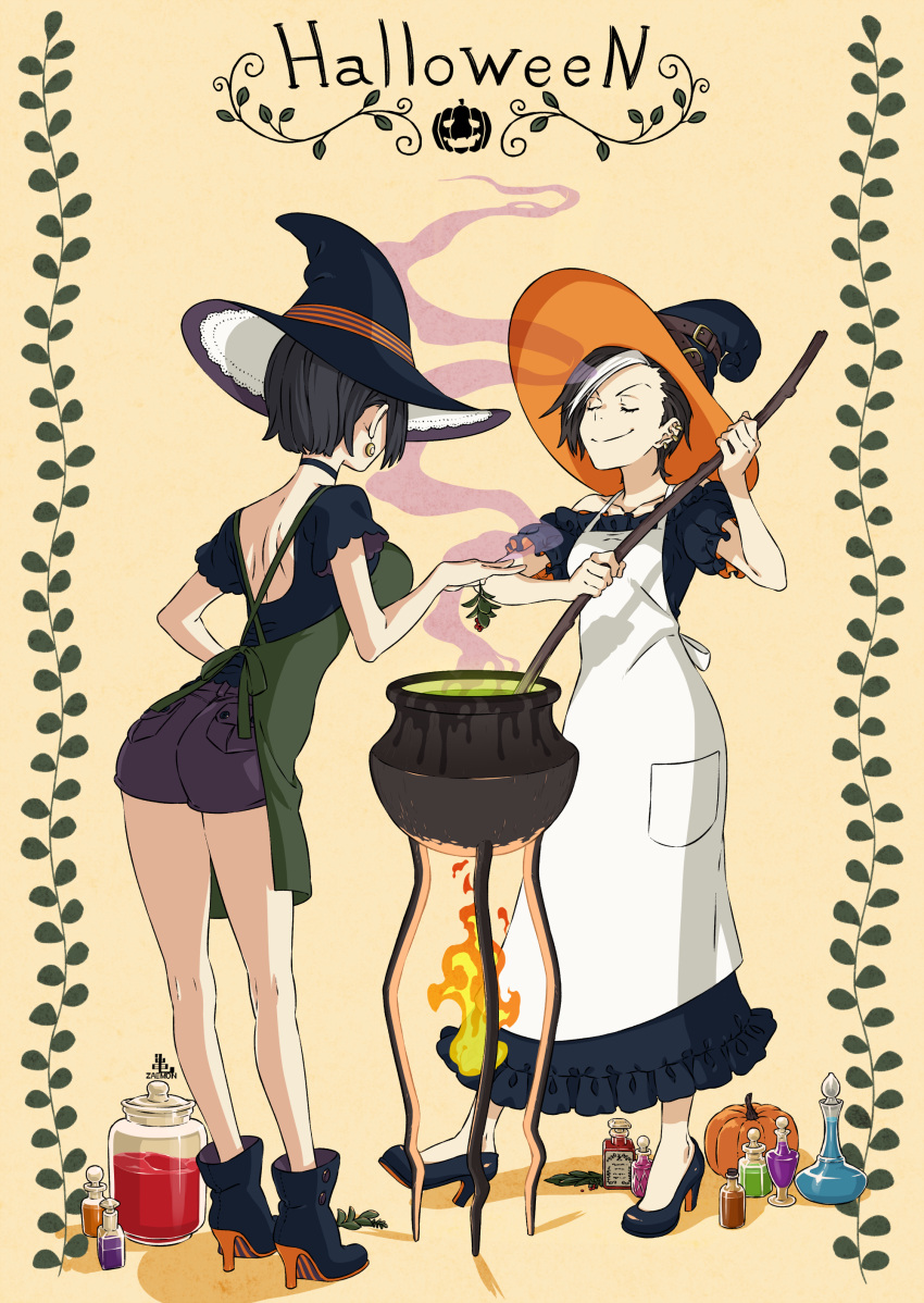 2girls, absurdres, apron, black_hair, closed_eyes, commentary_request, halloween, hat