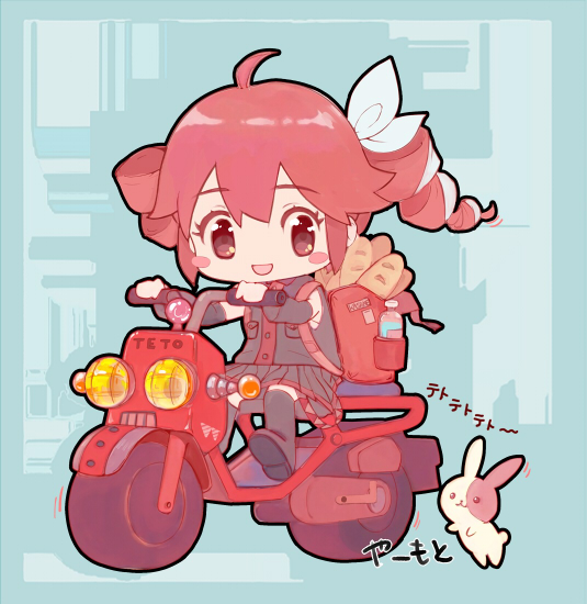 ahoge, backpack, bag, baguette, black_outline, blush_stickers, bread, chibi