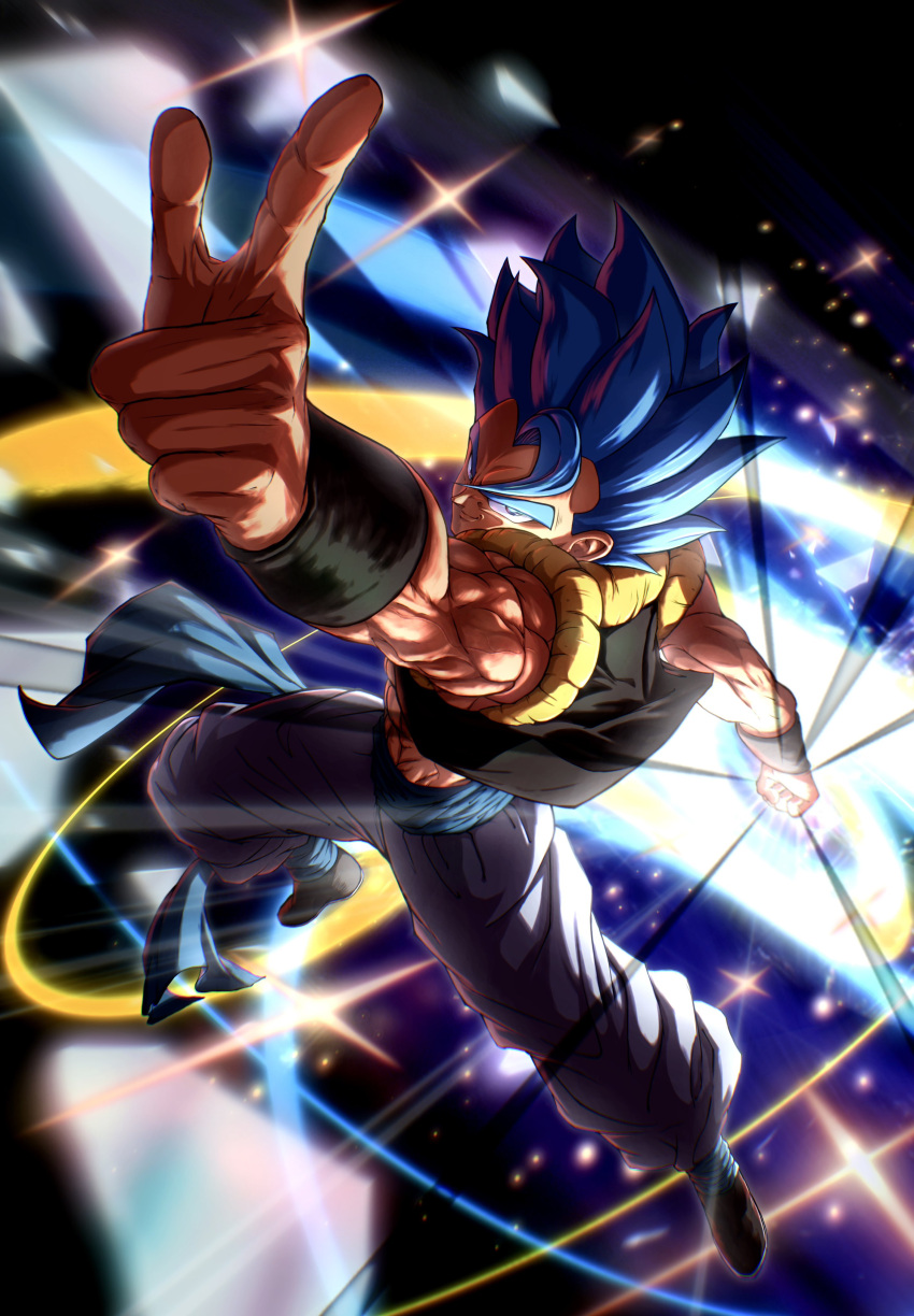 1boy, absurdres, black_background, black_vest, blue_eyes, blue_hair, blue_sash, clenched_hand