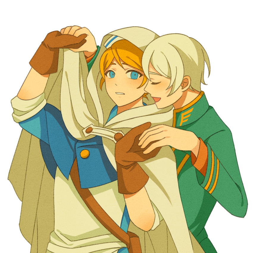 1boy, 1girl, blonde_hair, blue_eyes, blush, brown_gloves, castti_florenz, commentary_request