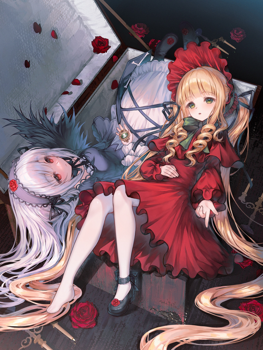 2girls, :o, absurdly_long_hair, ankle_ribbon, black_boots, black_dress, black_hairband, black_ribbon