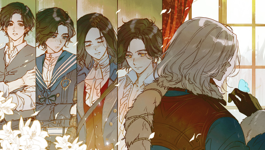 2boys, androgynous, ascot, black_gloves, black_hair, blue_butterfly, blue_coat, blue_eyes, bug, butterfly, butterfly_on_hand, carlo_(lies_of_p), coat, commentary_request, flower, freckles, gloves, grey_hair, guragamja, highres, korean_commentary, lies_of_p, long_hair, male_focus, mechanical_arms, multiple_boys, multiple_views, official_alternate_hair_color, official_alternate_hair_length, official_alternate_hairstyle, pinocchio_(lies_of_p), prosthesis, prosthetic_arm, short_hair, single_mechanical_arm, white_ascot, white_flower, window, yellow_eyes