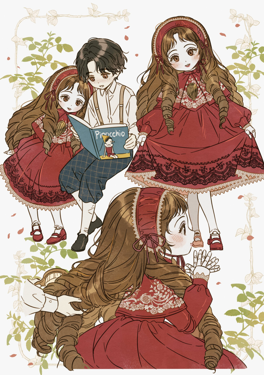 1boy, 1girl, absurdres, black_hair, blush, book, brown_eyes, brown_hair