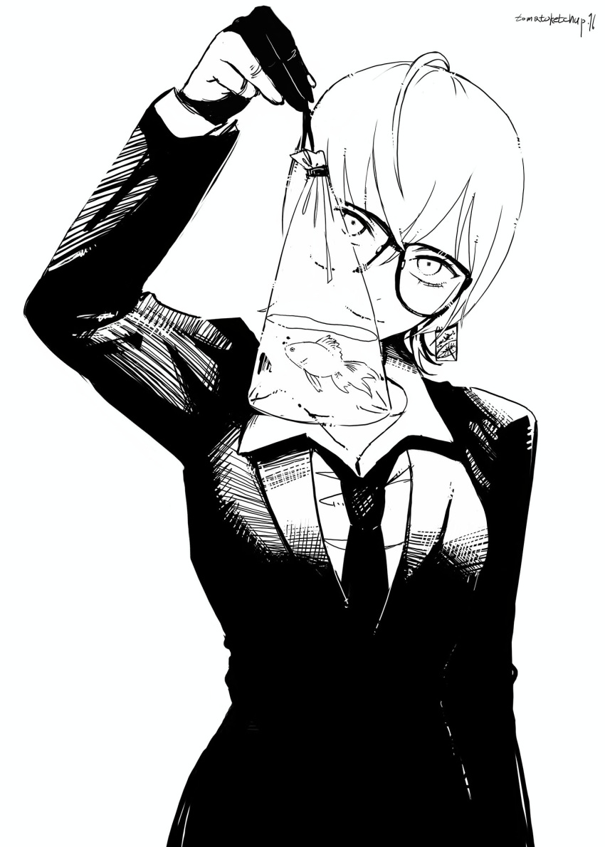 1girl, ahoge, artist_name, bag, bagged_fish, blazer, breasts, closed_mouth
