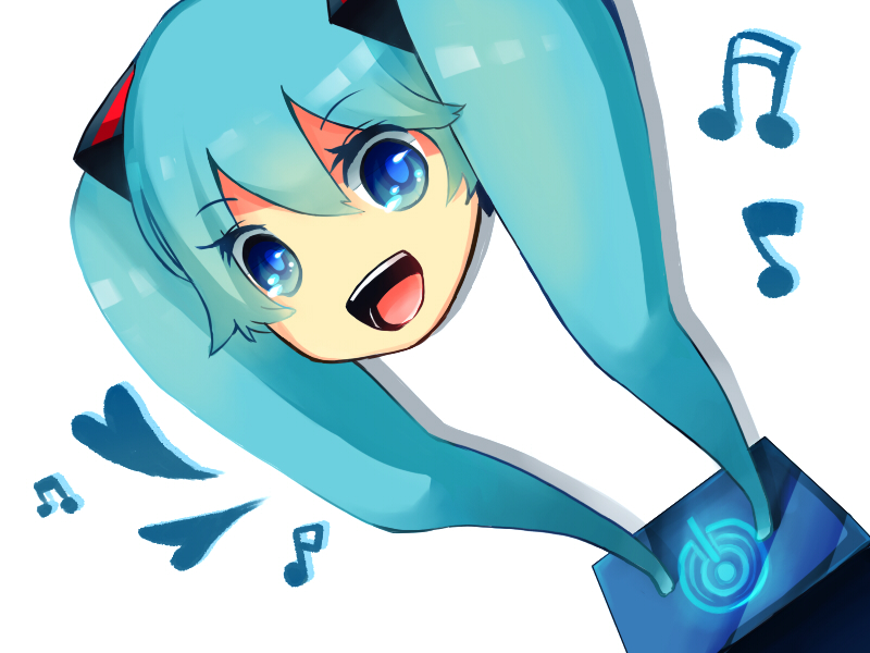 aqua_eyes, aqua_hair, bad_id, from_above, happy, hatsune_miku, heart, itamidome, itamitome, legs, musical_note, shiteyan'yo, shiteyan'yo, simple_background, smile, solo, twintails, vocaloid