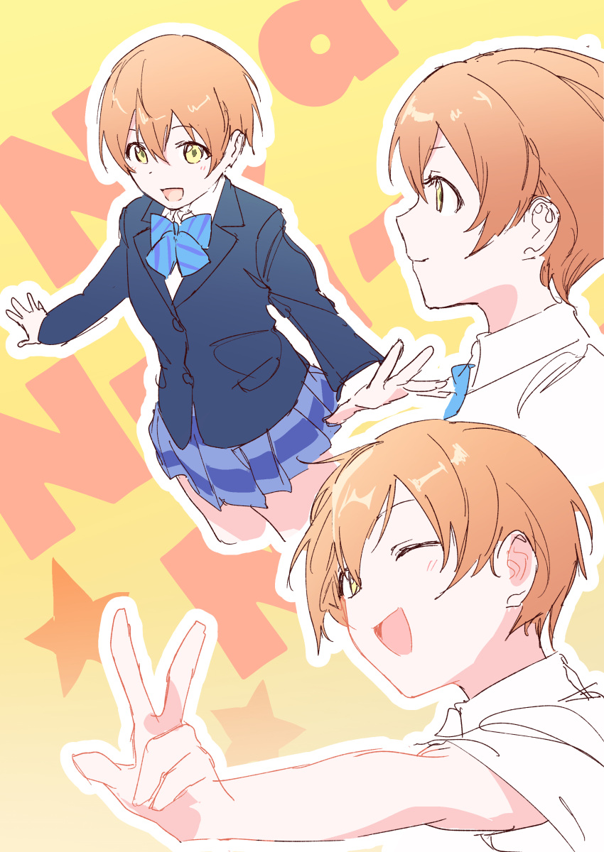 1girl, :d, ;d, absurdres, blazer, blue_bow, blue_bowtie, blue_jacket
