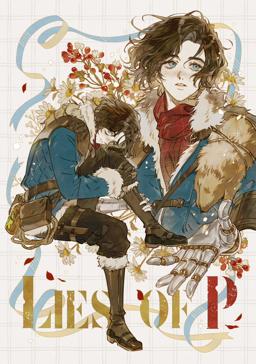 1boy, absurdres, androgynous, black_hair, blue_coat, blue_eyes, boots, brown_bag