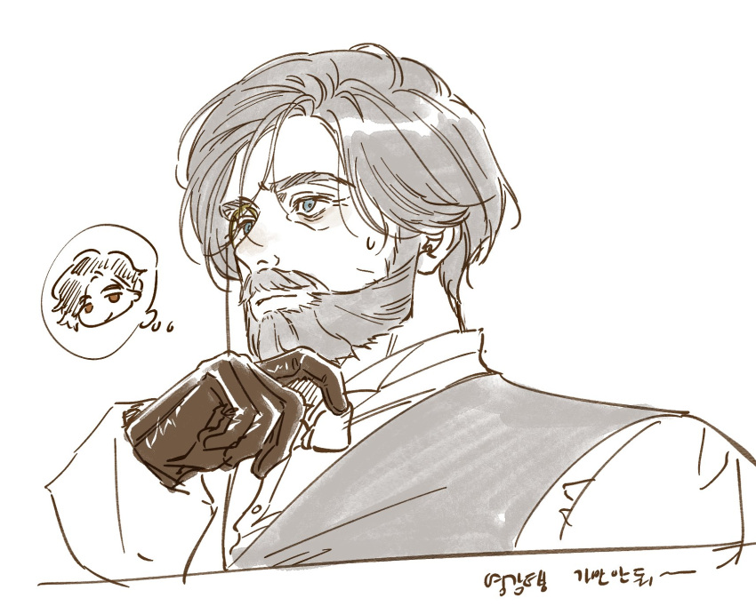 1boy, beard, blue_eyes, brown_gloves, carlo_(lies_of_p), commentary_request, facial_hair, geppetto_(lies_of_p)