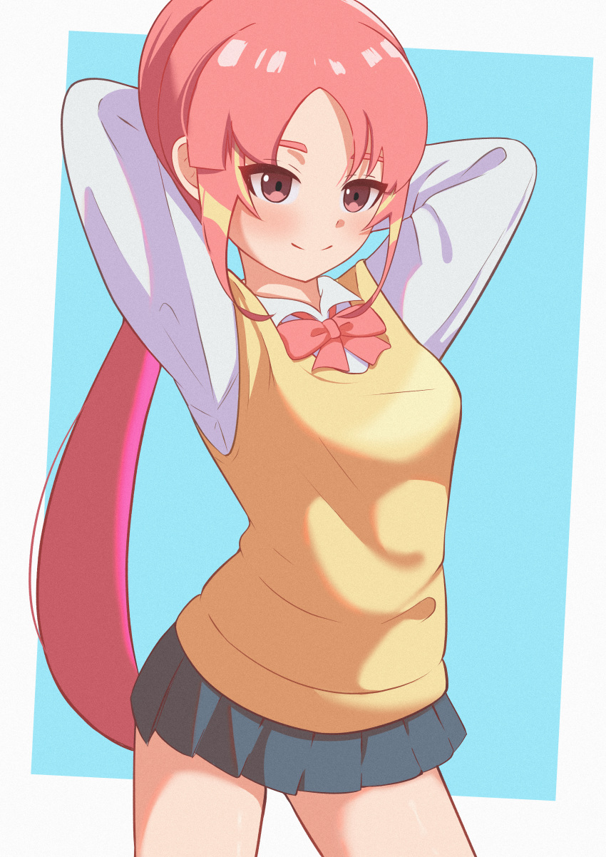 1girl, absurdres, arms_behind_head, bow, bowtie, collared_shirt, grey_skirt, highres