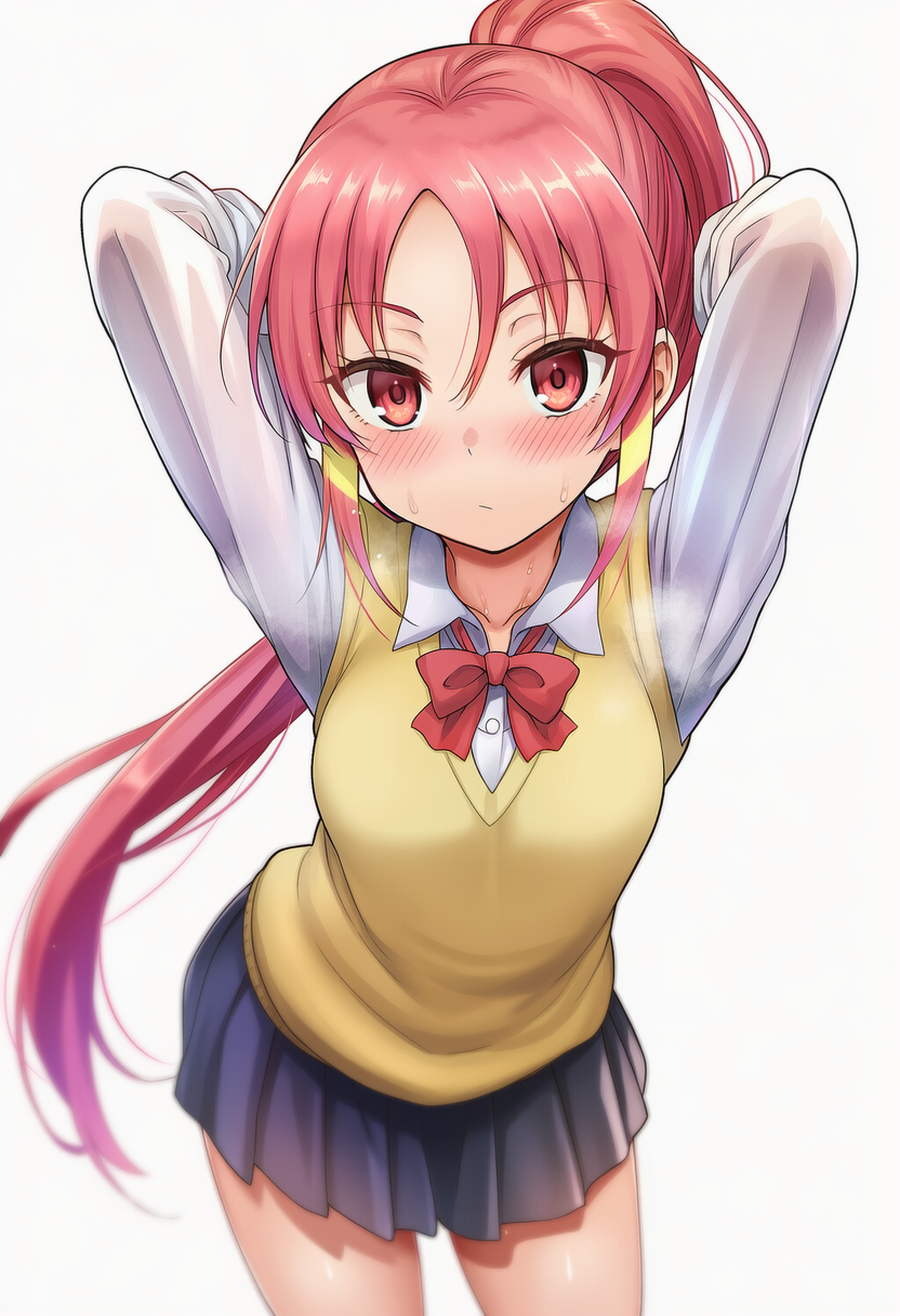 1girl, ai-generated, arms_behind_back, blue_skirt, bow, bowtie, collared_shirt, highres