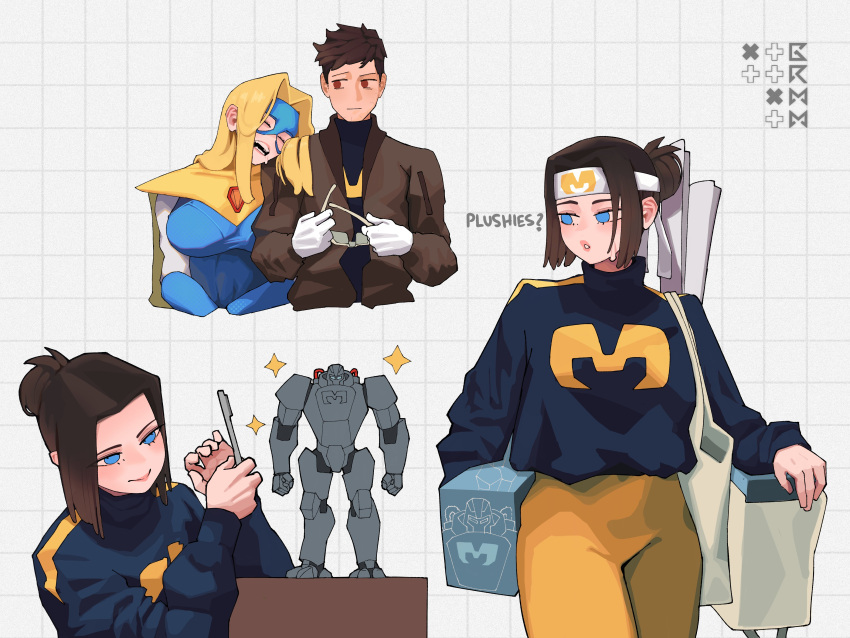 1boy, 1girl, absurdres, armor, artist_logo, bag, black_hoodie, blonde_blazer