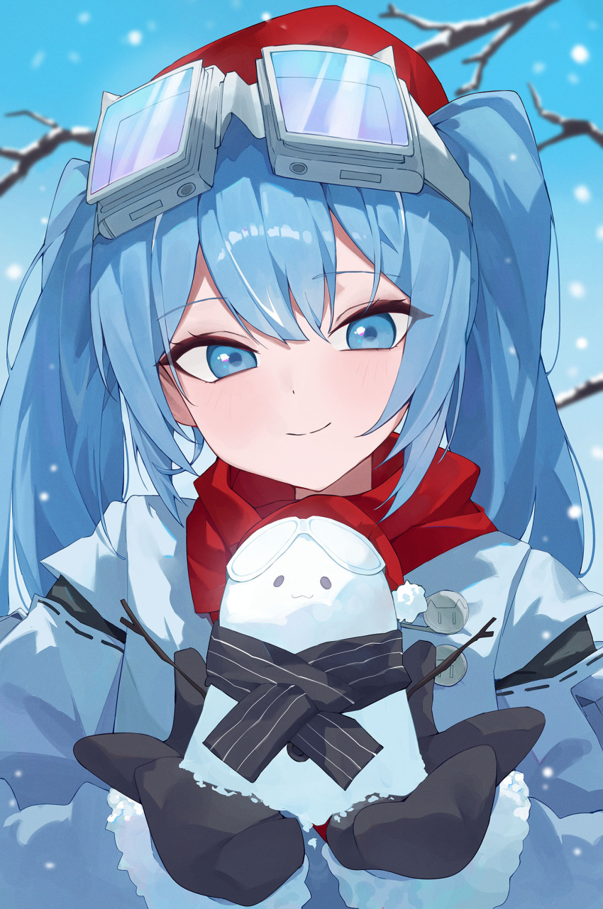 1girl, arahashi_tabi, black_mittens, black_scarf, blue_background, blue_coat, blue_eyes, blue_hair