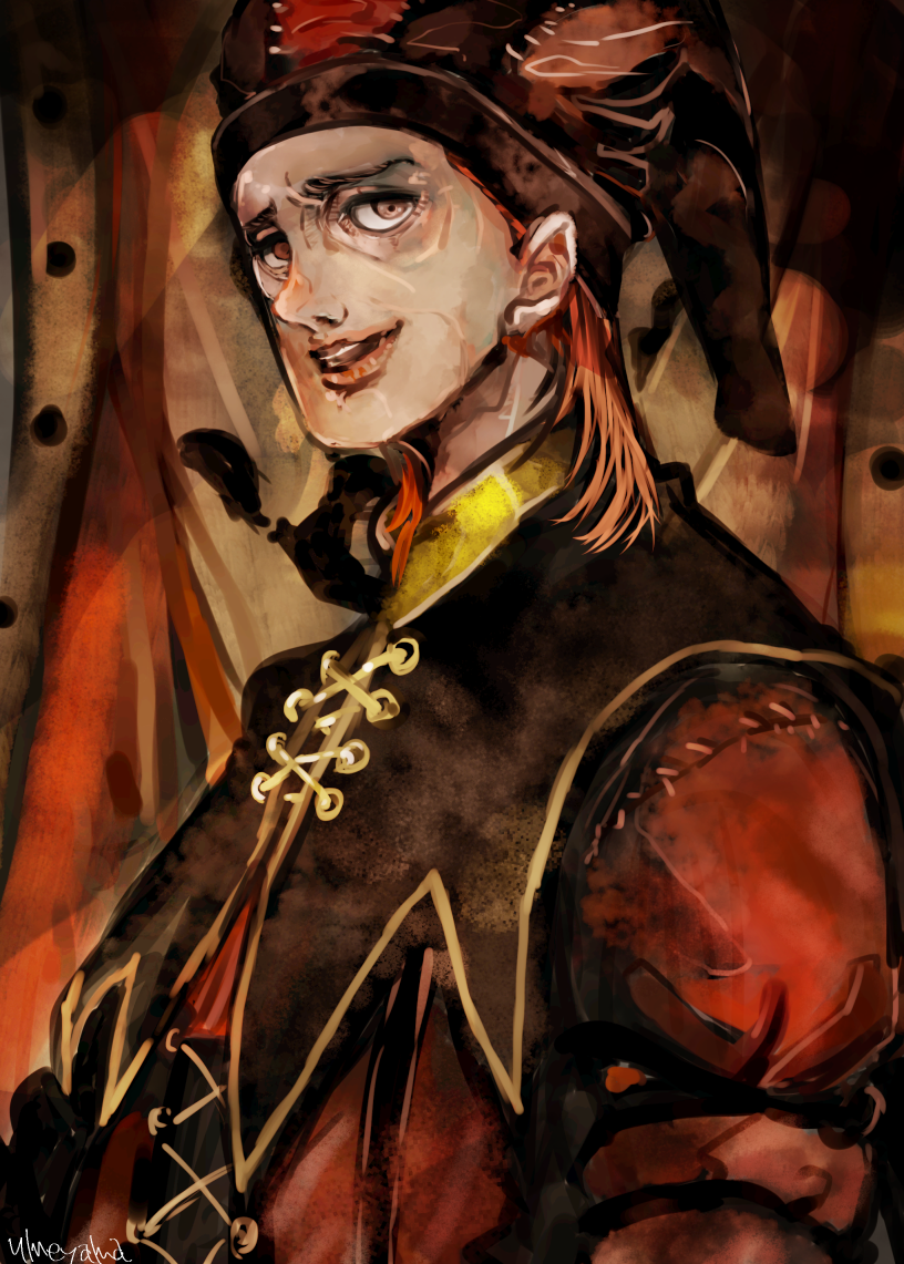 1boy, brown_background, brown_eyes, brown_hair, brown_hat, brown_shirt, cicero_(skyrim), commentary_request