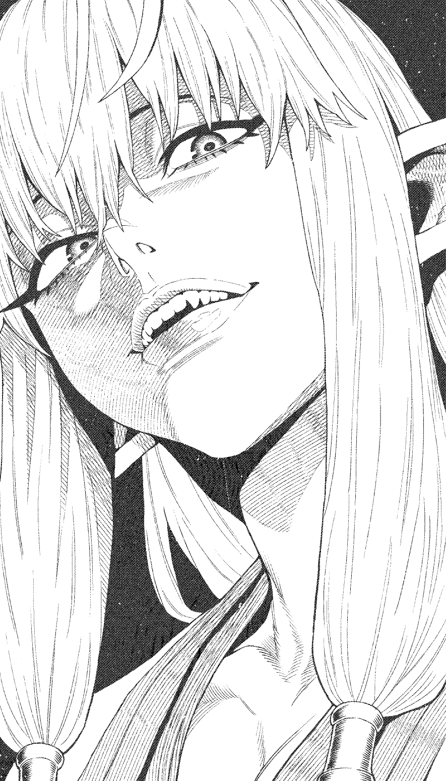 1girl, black_background, elf, fang, from_below, greyscale, hair_between_eyes, hatching_(texture)