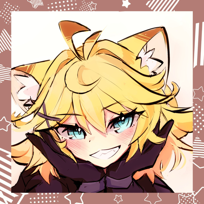 ahoge, animal_ear_fluff, animal_ears, black_gloves, black_jacket, blonde_hair, blue_eyes, blush