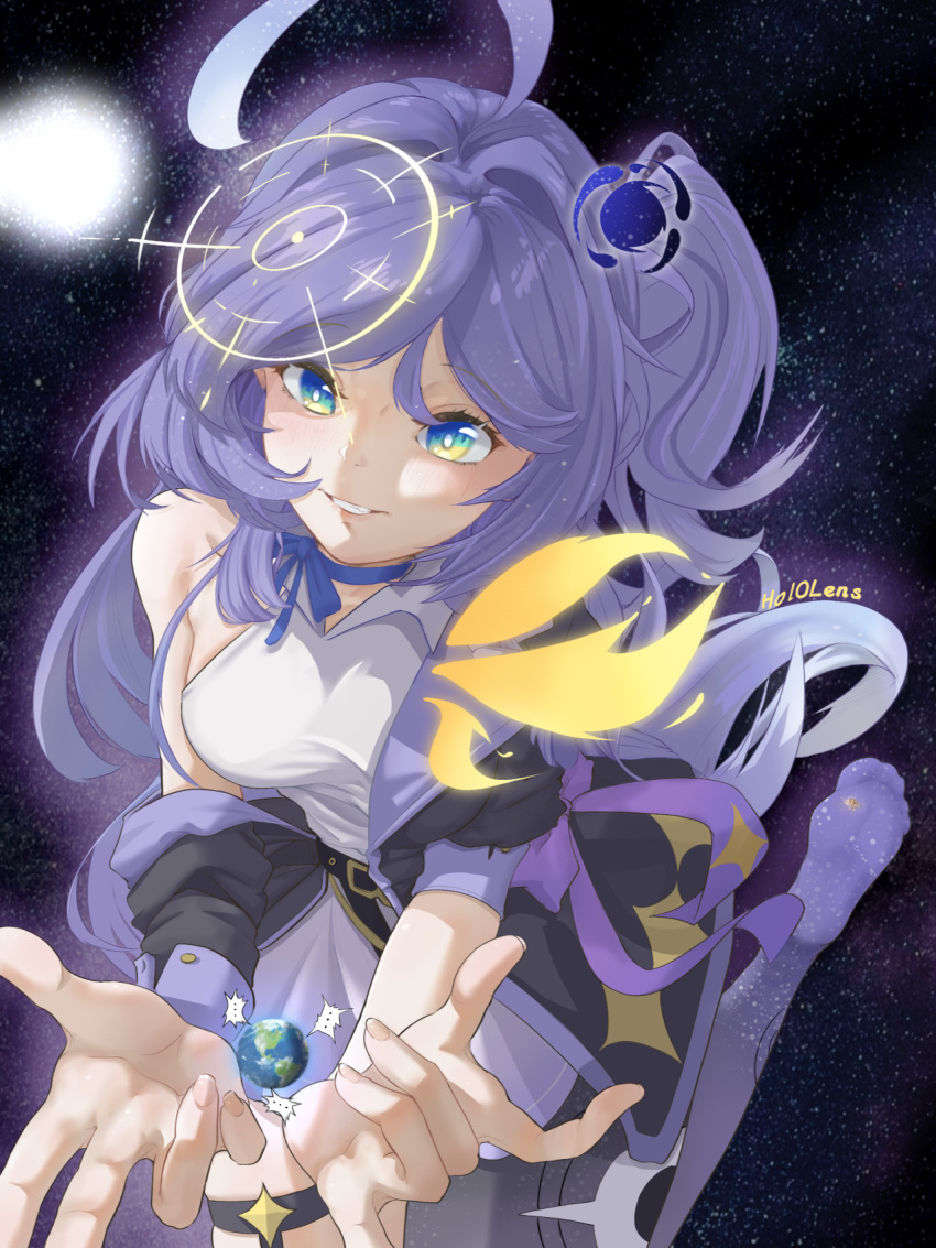 1girl, ahoge, artist_name, black_coat, blue_eyes, borrowed_character, breasts, chinese_commentary