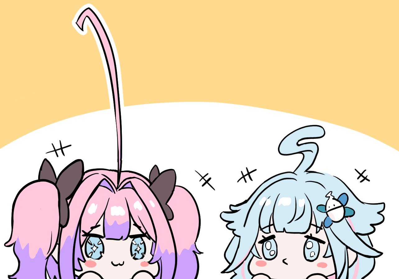 2girls, ahoge, blue_eyes, blue_hair, blush, braid, breasts, chanmarorux