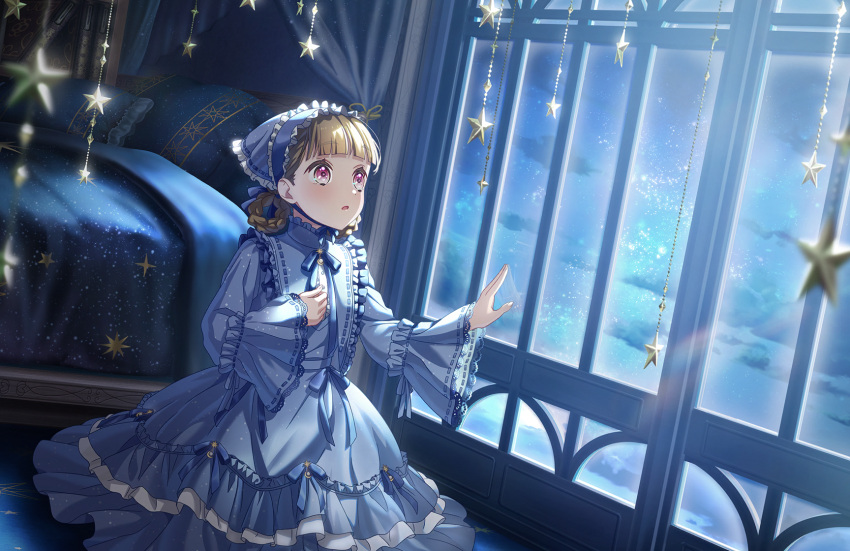 1girl, bed, blue_bonnet, blue_dress, bonnet, braid, braided_hair_rings, brown_hair, dress, dutch_angle, frilled_bonnet, frilled_dress, frills, game_cg, hair_rings, highres, indoors, kachimachi_kosuzu, link!_like!_love_live!, lolita_fashion, long_sleeves, looking_outside, love_live!, medium_hair, non-web_source, official_art, on_floor, pillow, pink_eyes, poupee_en_lotus_(love_live!), print_blanket, print_pillow, sitting, solo, star_(symbol), starry_sky_print, virtual_youtuber, window