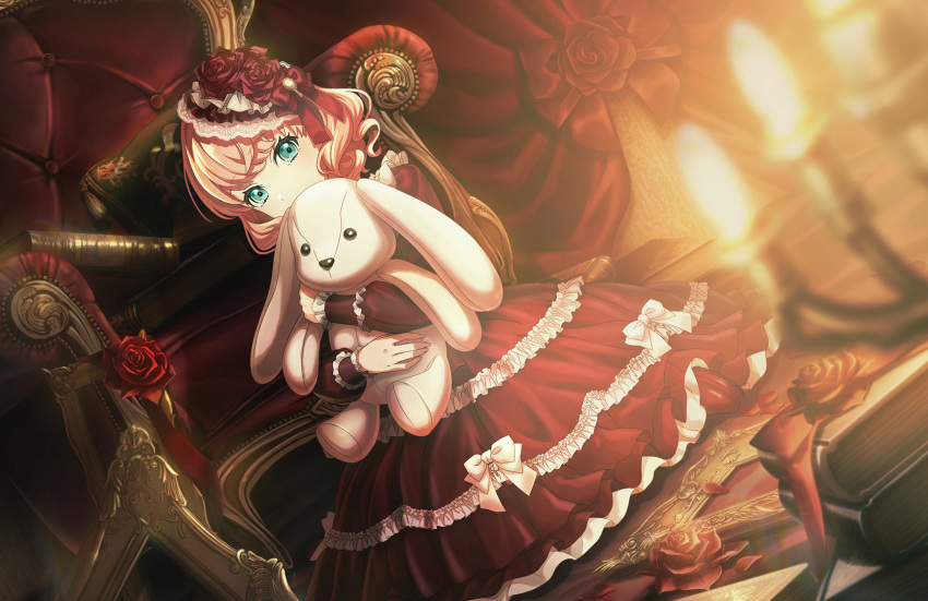 1girl, aqua_eyes, book, dress, dutch_angle, empty_picture_frame, fascinator, frilled_dress, frills, game_cg, highres, hinoshita_kaho, indoors, link!_like!_love_live!, lolita_fashion, looking_at_viewer, love_live!, non-web_source, official_art, on_floor, orange_hair, picture_frame, poupee_en_lotus_(love_live!), red_dress, red_shoes, shoes, sitting, solo, stuffed_animal, stuffed_rabbit, stuffed_toy, virtual_youtuber