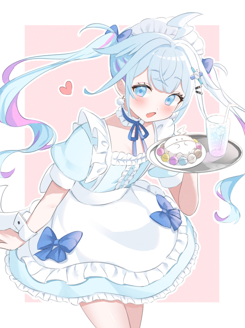 1girl, absurdres, ahoge, apron, blue_eyes, blue_hair, choker, highres