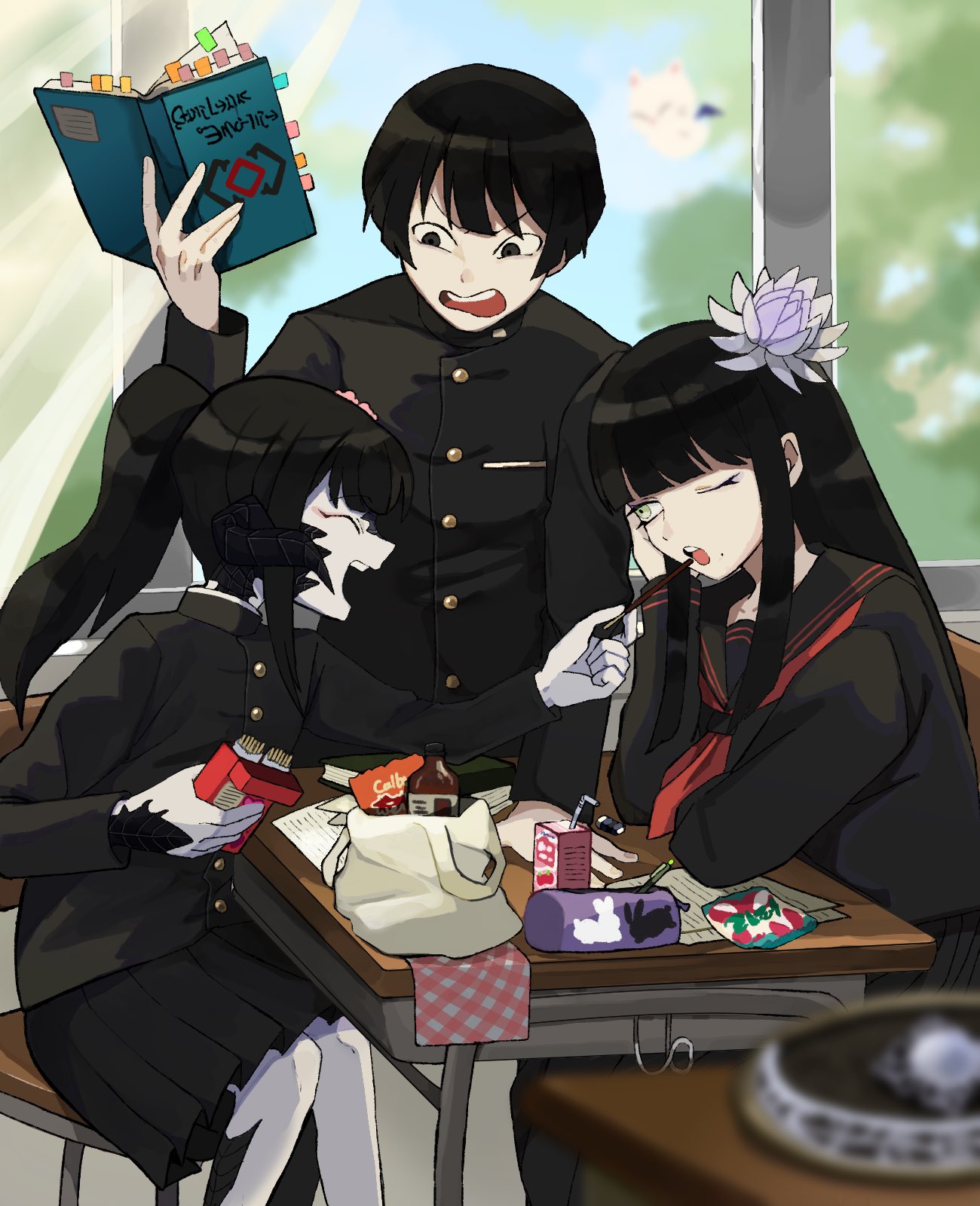 1boy, 1girl, 1other, asahi_sas_brutus, au_ra, black_eyes, black_hair, black_horns