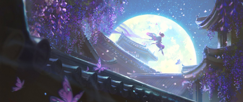 1girl, architecture, black_hair, butter, butterfly_hair_ornament, commentary, demon_slayer_uniform, dewpearl_art