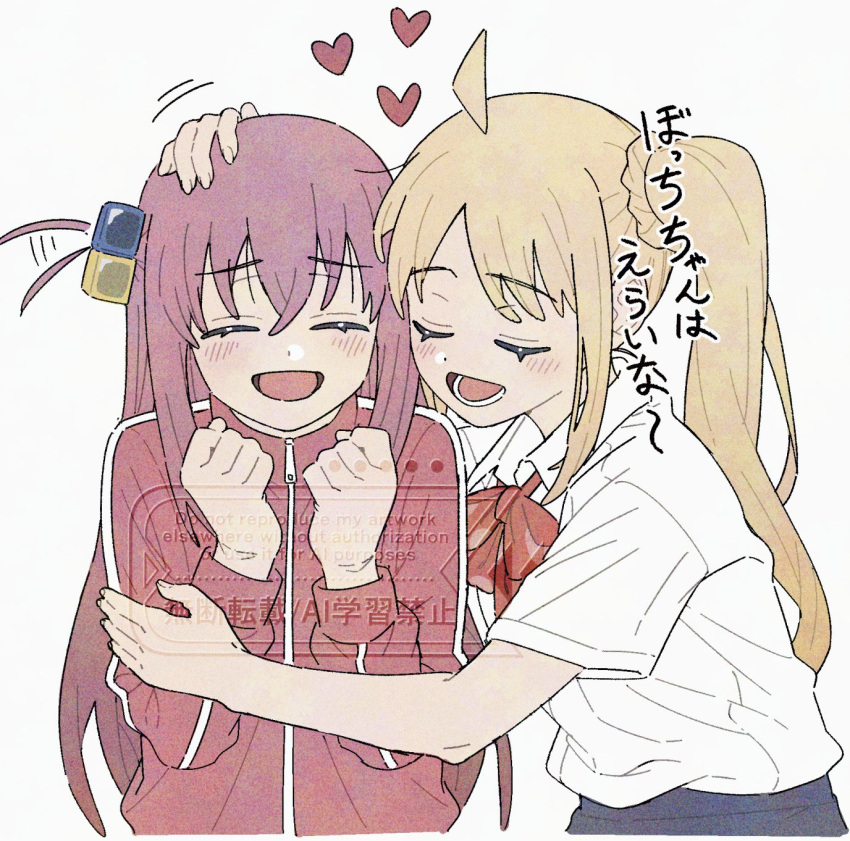 2girls, ahoge, blonde_hair, bocchi_the_rock!, bow, bowtie, braid, choppy_bangs