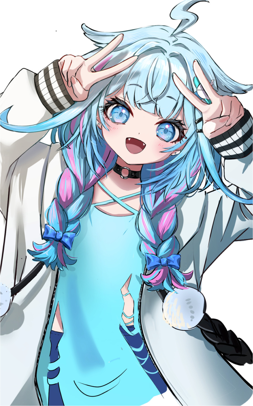 1girl, ahoge, black_choker, blue_eyes, blue_hair, blue_shirt, braid, choker, hair_flaps, hair_ornament, highres, hinata_habi, hololive, hololive_dev_is, jacket, lightning_ahoge, long_hair, looking_at_viewer, mizumiya_su, multicolored_hair, o-ring, o-ring_choker, open_mouth, pink_hair, shirt, smile, solo, streaked_hair, twin_braids, virtual_youtuber