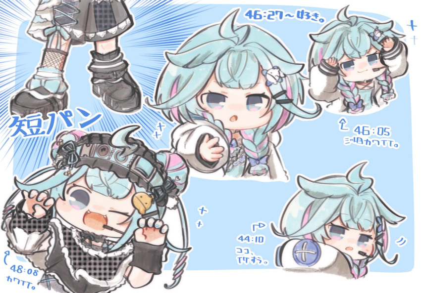 1girl, ahoge, black_choker, blue_eyes, blue_hair, blue_shirt, braid, choker, frills, gentaro_(g_teall), hair_flaps, hair_ornament, highres, hololive, hololive_dev_is, jacket, lightning_ahoge, long_hair, looking_at_viewer, mizumiya_su, mizumiya_su_(1st_costume), mizumiya_su_(flowglow_uniform), multicolored_hair, multiple_views, o-ring, open_mouth, pink_hair, shirt, smile, solo, streaked_hair, turnaround, twin_braids, virtual_youtuber