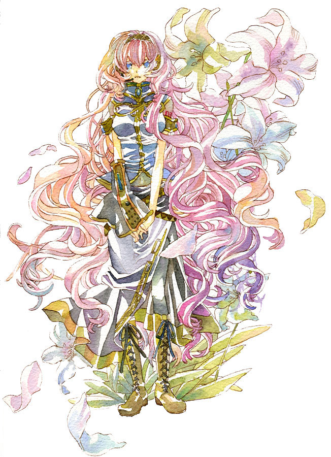 boots, cross-laced_footwear, flower, kuraaaa, lace-up_boots, long_hair, megurine_luka, traditional_media
