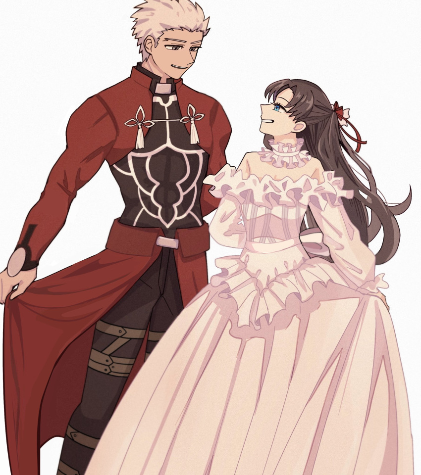 1boy, 1girl, alternate_hairstyle, archer_(fate), black_hair, blue_eyes, dark-skinned_male, dark_skin, detached_collar, dress, fate/stay_night, fate_(series), flat_chest, frilled_dress, frills, grey_eyes, half_updo, highres, long_hair, off-shoulder_dress, off_shoulder, ohmoto_9, pants, pants_under_skirt, red_skirt, skirt, skirt_hold, smile, tohsaka_rin, white_dress, white_hair