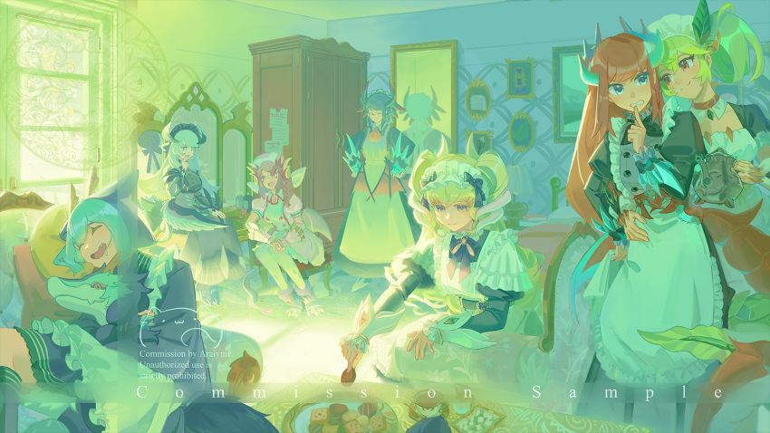 6+girls, animal, apron, araiyme, black_bow, black_dress, black_headdress, blonde_hair