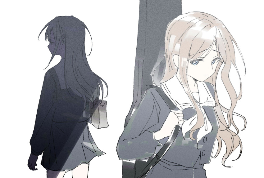 2girls, bang_dream!, bang_dream!_it's_mygo!!!!!, blue_eyes, blue_shirt, blue_skirt, brown_hair, chinese_commentary