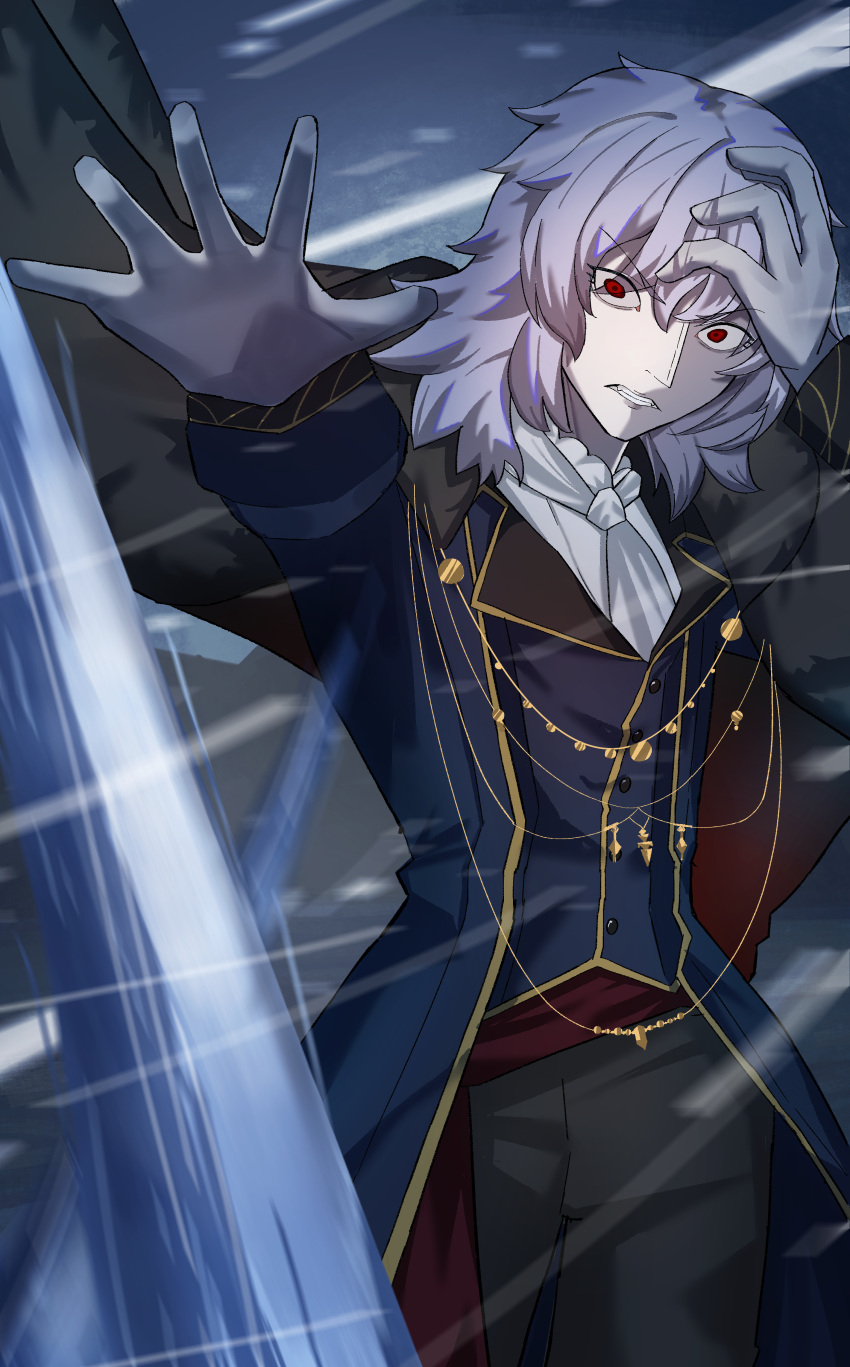 1boy, absurdres, angry, ascot, black_pants, blue_coat, breasts, coat