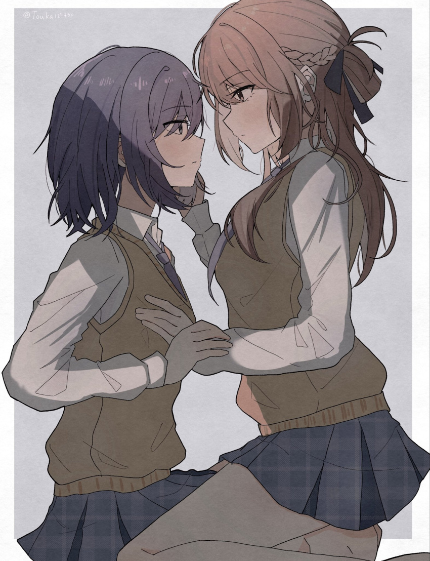 2girls, blue_eyes, blue_hair, blue_necktie, blue_skirt, border, braid, brown_eyes, brown_sweater_vest, commentary, half_up_braid, hand_on_another's_cheek, hand_on_another's_face, highres, long_hair, long_sleeves, medium_hair, miyagi_shiori, multiple_girls, necktie, on_lap, outside_border, plaid_clothes, plaid_skirt, pleated_skirt, school_uniform, sendai_hazuki, shirt, shuuniichido_classmate_wo_kau_hanashi, sitting, skirt, sweater_vest, touka127430, unmoving_pattern, white_border, white_shirt, yuri