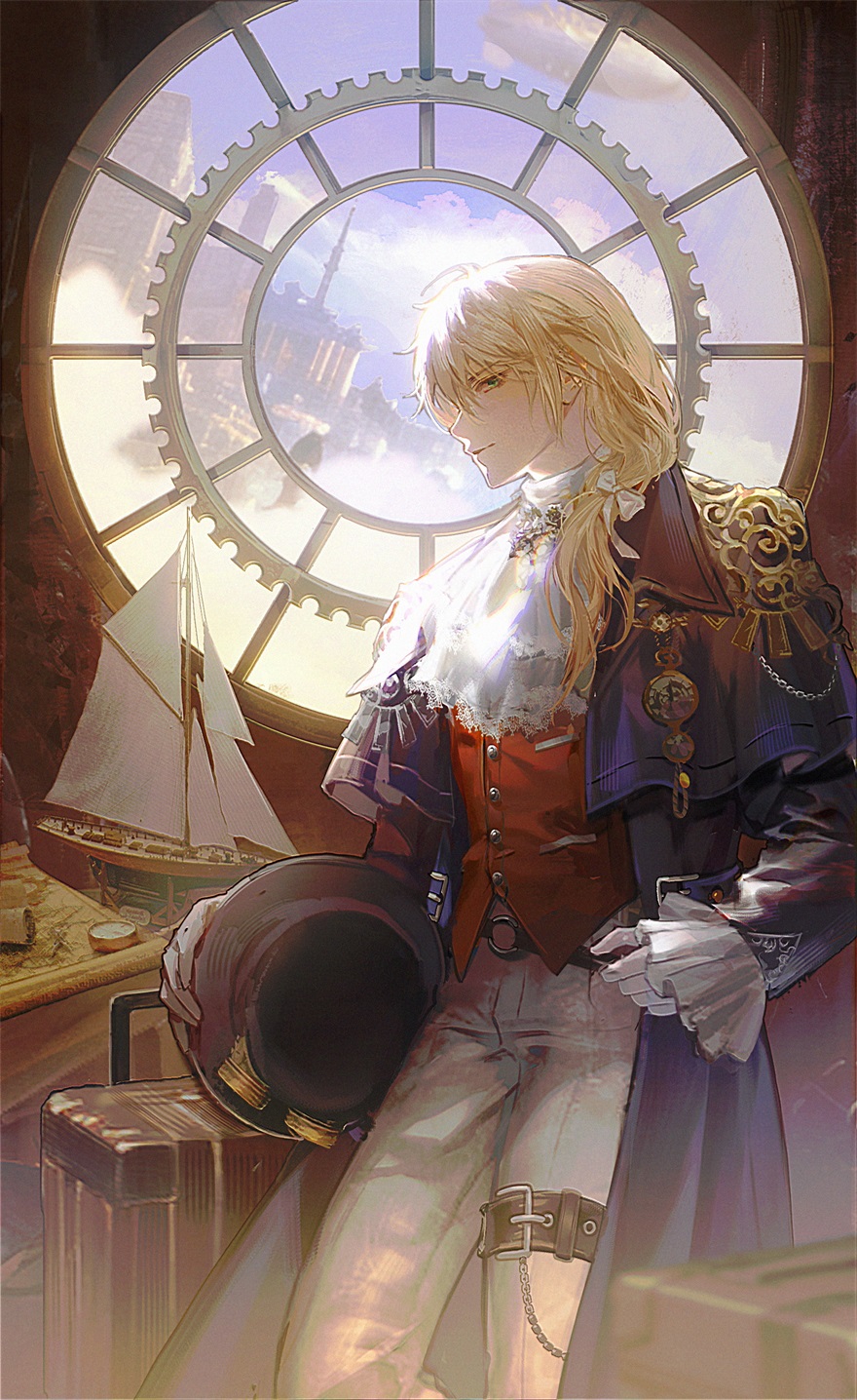 1boy, alkaid_mcgrath, alkaid_mcgrath_(mist_city), ascot, belt, black_hat, blonde_hair, blue_capelet