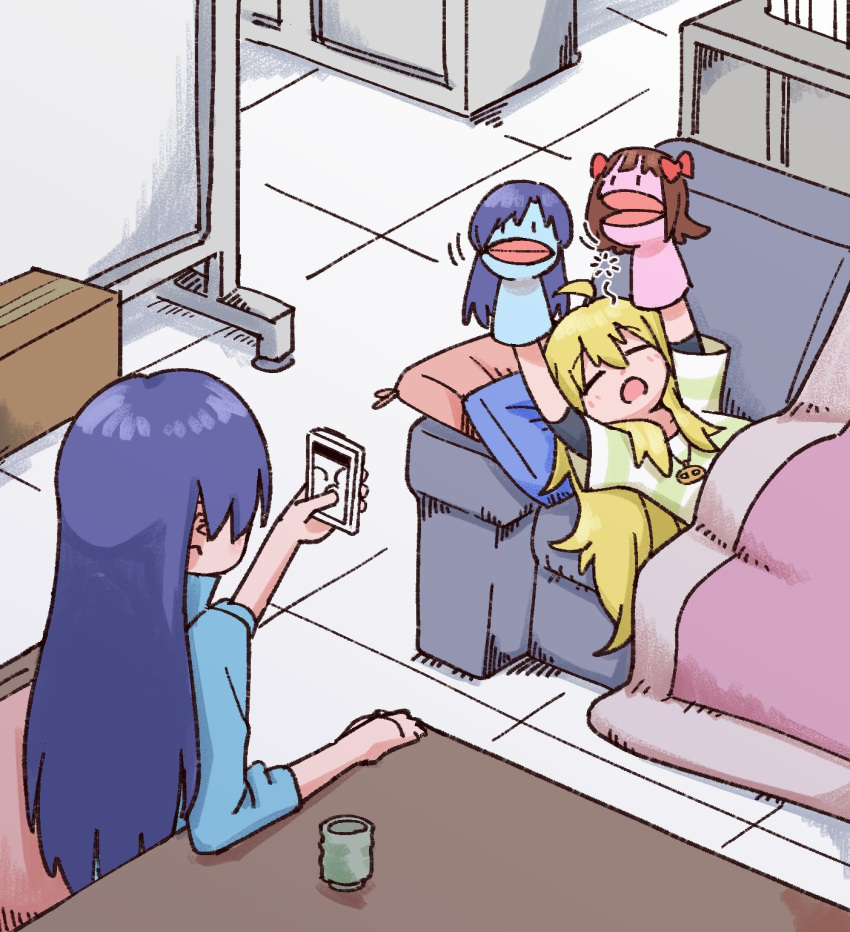 2girls, ahoge, amami_haruka, arms_up, blanket, blonde_hair, blue_hair, blue_shirt
