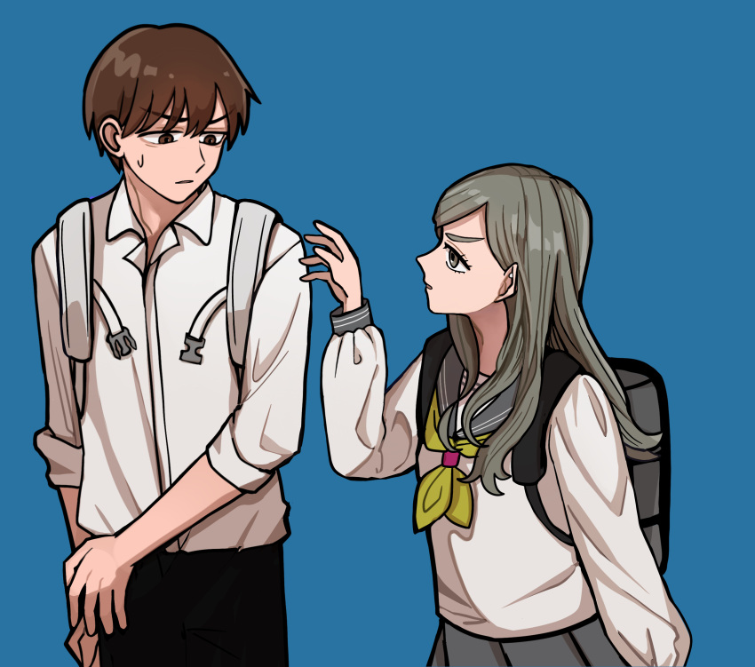1boy, 1girl, azuma_shino_(seihatanai_na_kimi_to_boku), backpack, bag, blue_background, brown_eyes, brown_hair