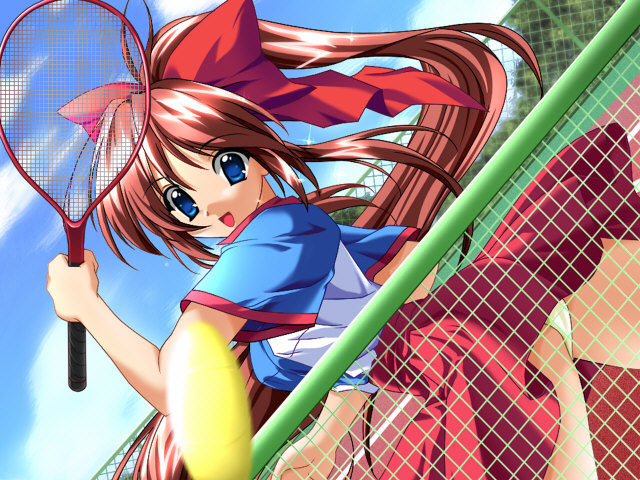 blue_eyes, brown_hair, game_cg, hair_ribbon, tennis, tennis_ball, tennis_racket, true_blue, upskirt