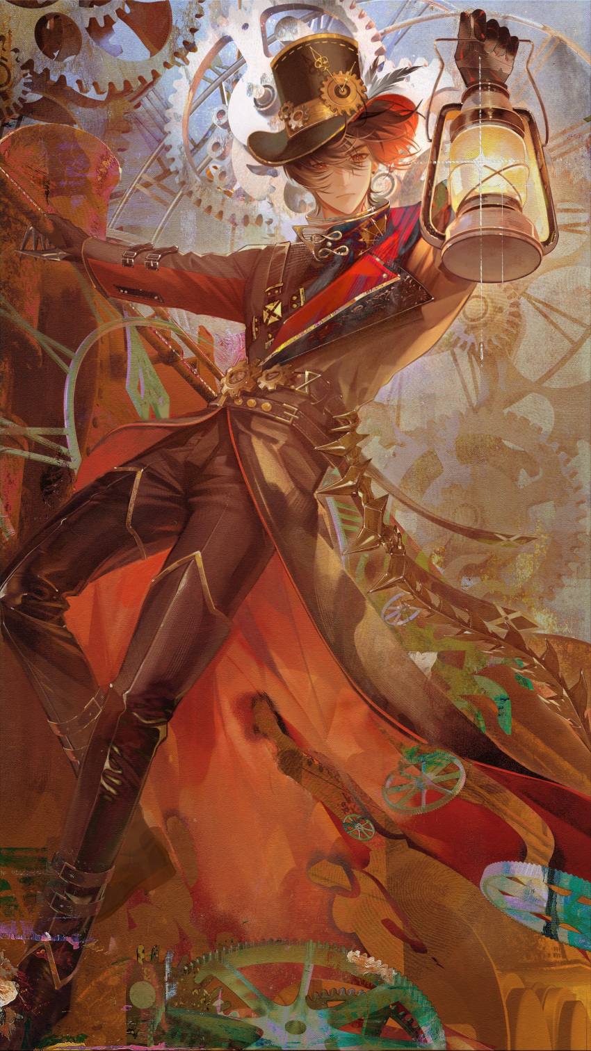 1boy, absurdres, analog_clock, ayn_alwyn, ayn_alwyn_(mist_city), belt, belt_buckle, black_belt
