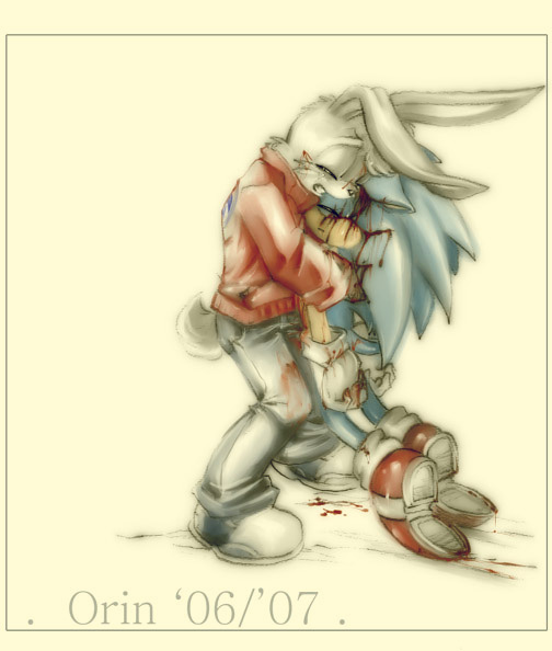 2boys, animal_ears, blood, blue_fur, blue_hair, bunny, bunny_ears, carrying